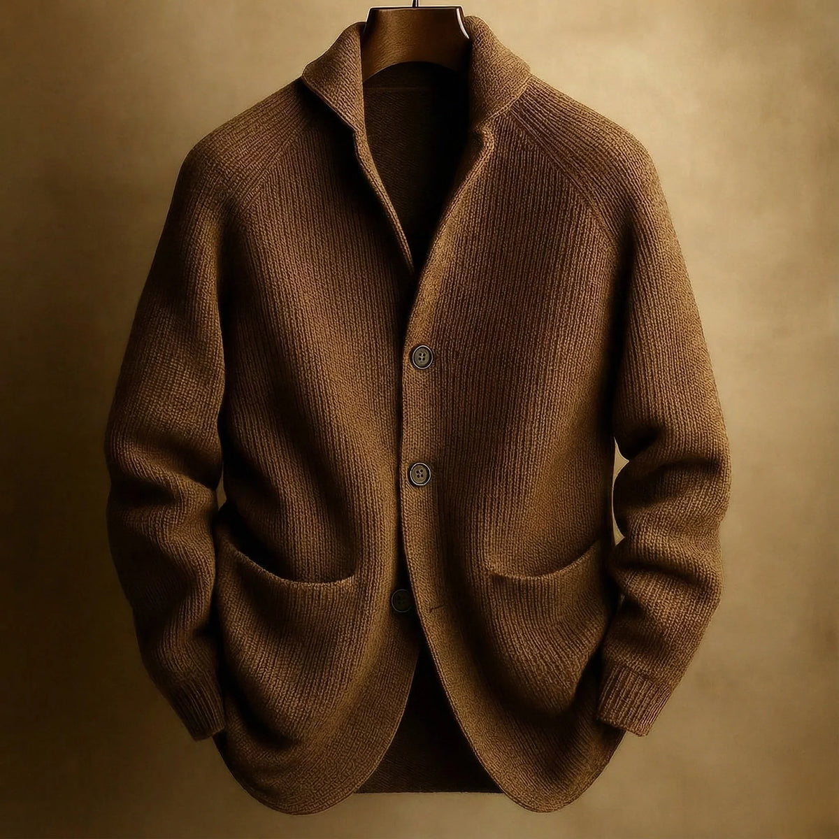 Cardigan da uomo a coste in marrone – con collo a scialle e tasche