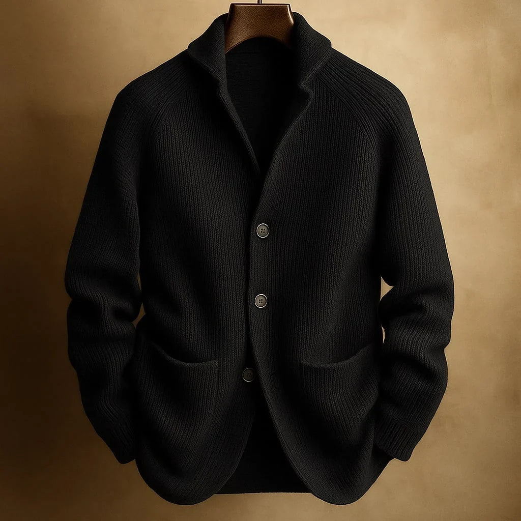 Cardigan da uomo a coste in nero – con collo a scialle e tasche