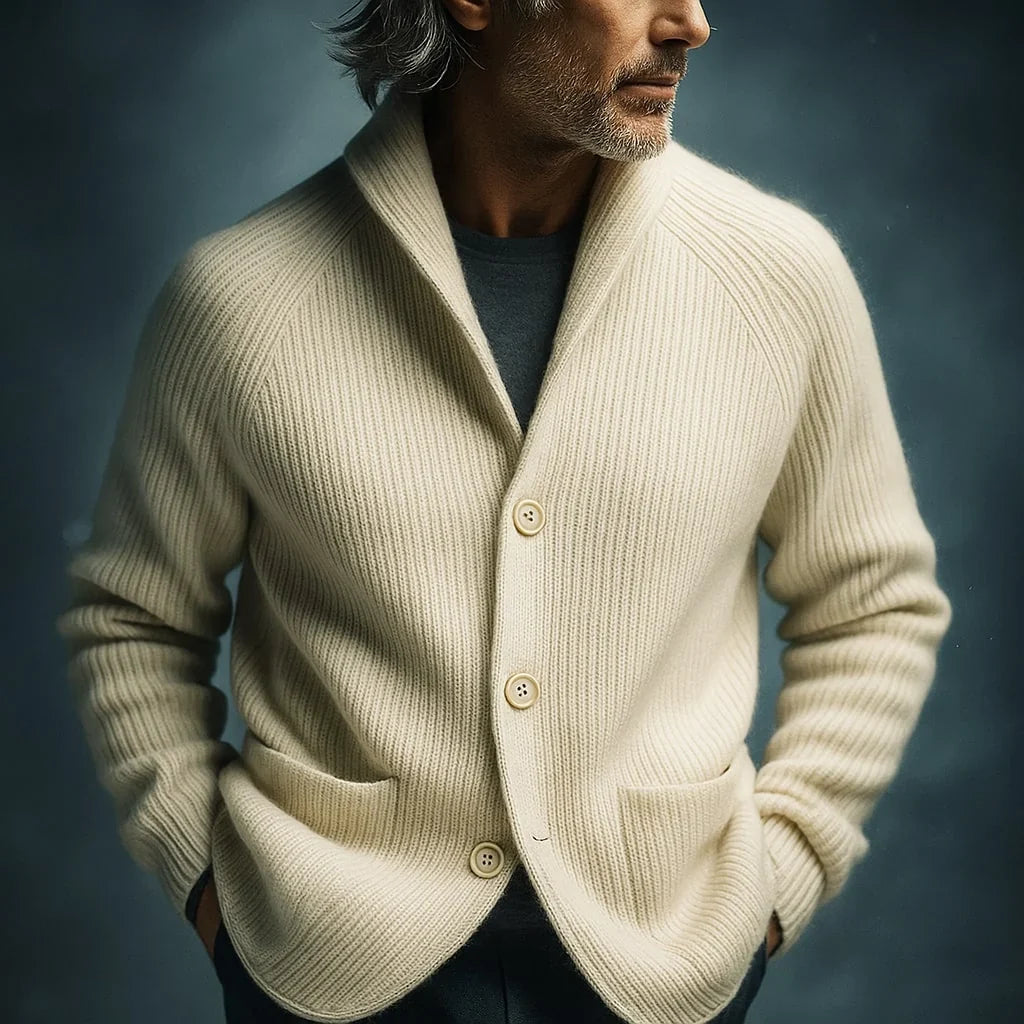 Cardigan da uomo a coste con collo a scialle e tasche – foto 9