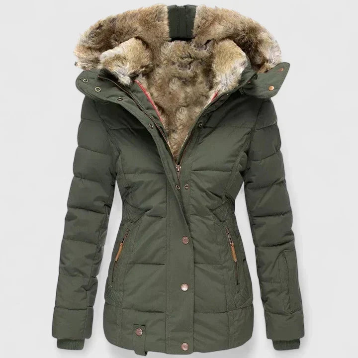 Giacca invernale imbottita da donna in verde oliva – con cappuccio effetto pelliccia