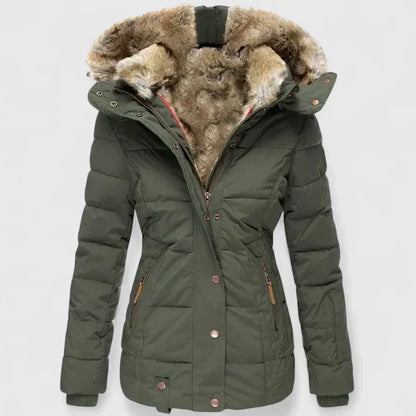 Giacca invernale imbottita da donna in verde oliva – con cappuccio effetto pelliccia