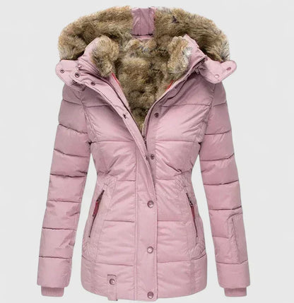 Giacca invernale imbottita da donna in rosa – con cappuccio effetto pelliccia