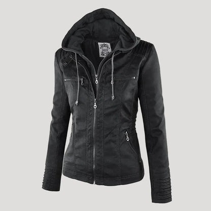 Giacca in similpelle da donna in nero – con cappuccio removibile