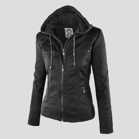 Giacca in similpelle da donna in nero – con cappuccio removibile