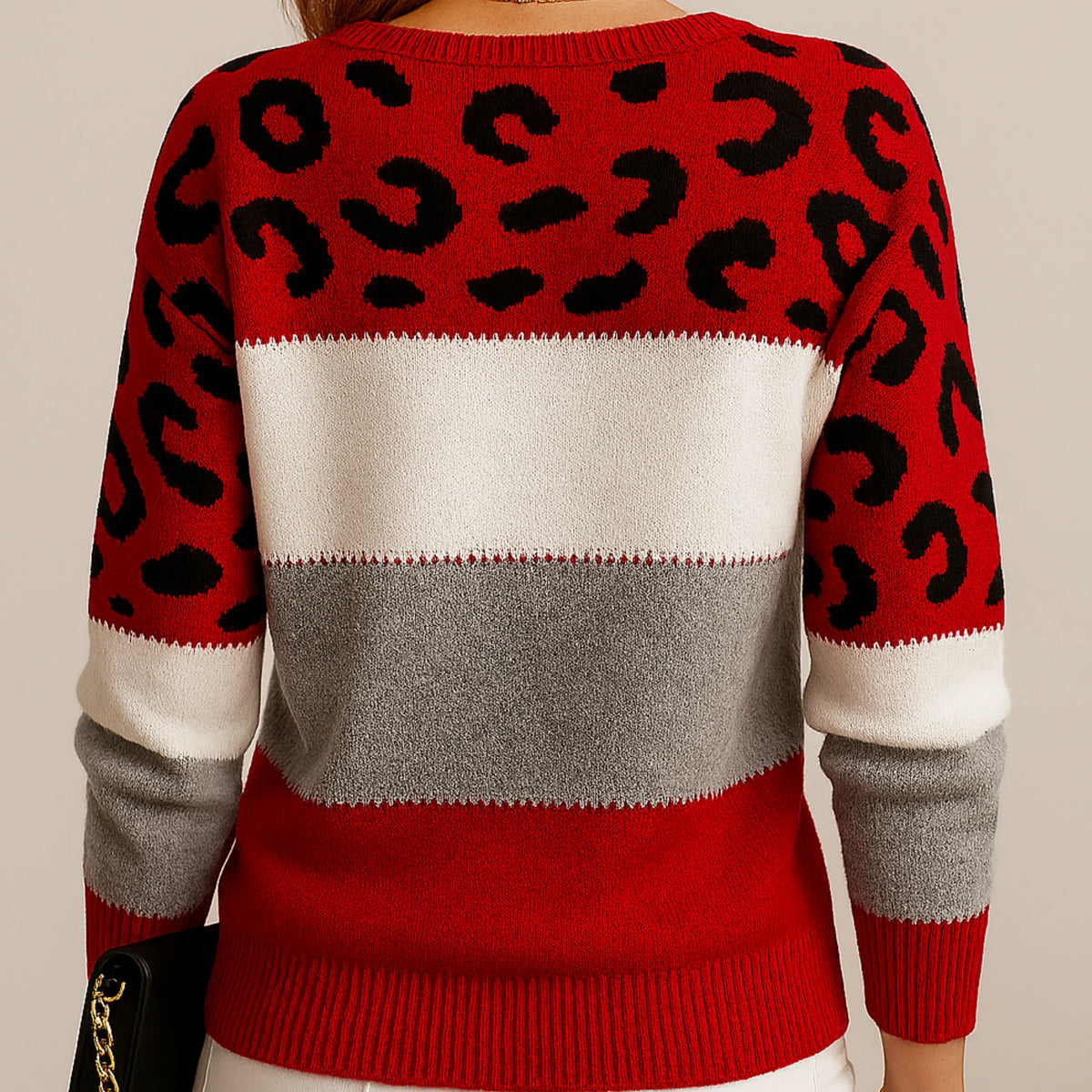 Maglione da donna in rosso – leopardato a blocchi di colore