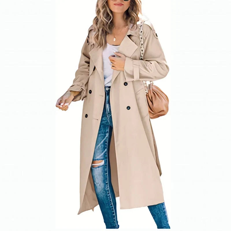 Trench lungo da donna in beige – doppiopetto con cintura