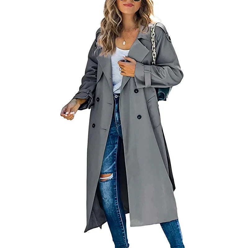 Trench lungo da donna in grigio – doppiopetto con cintura